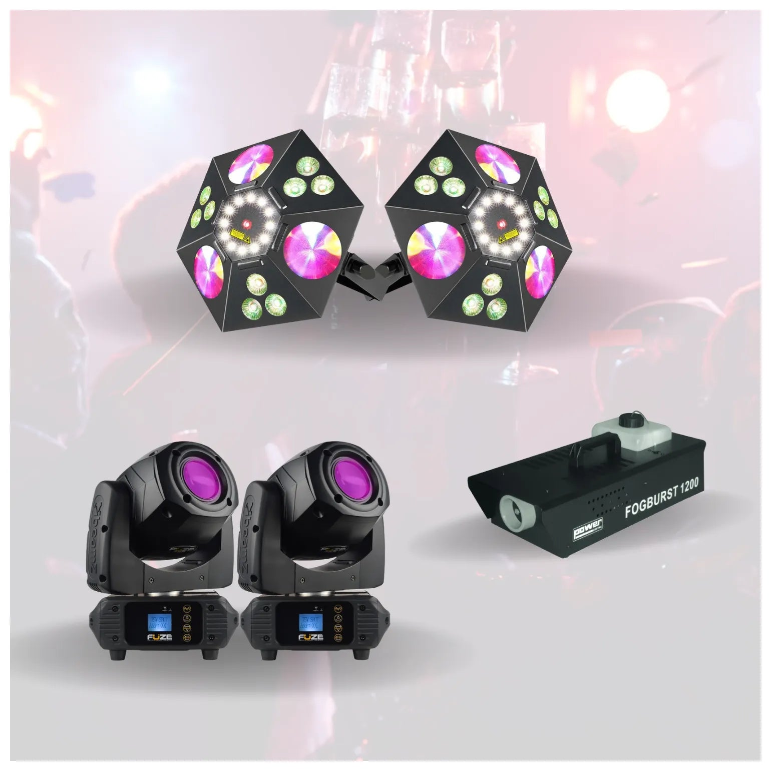 Kit complet ComboLED ×2 + Lyres Fuze75S + Machine à fumée